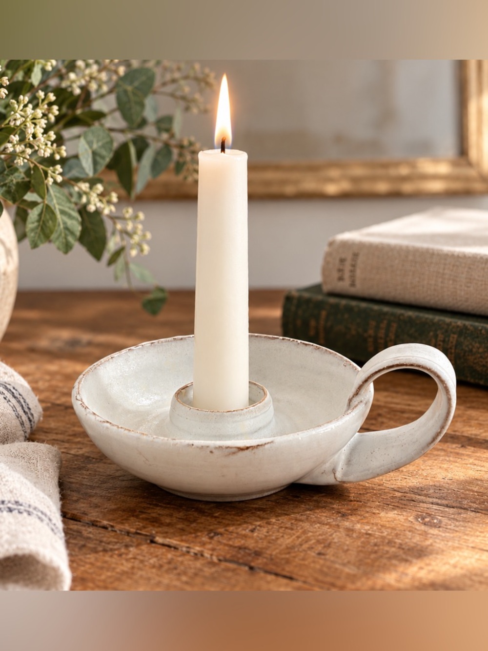 Handmade Studio Pottery Chamberstick Candle Holder Signed RP Cream Stoneware